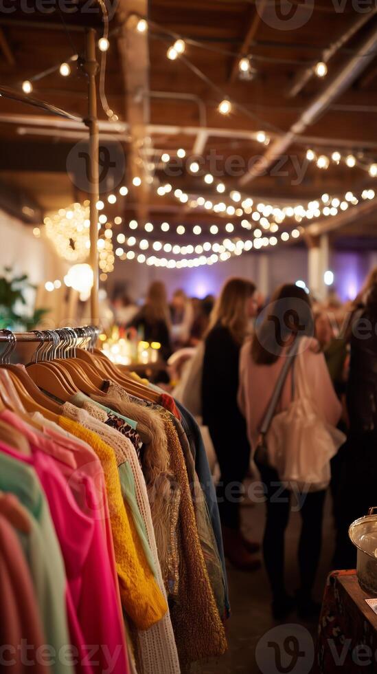 Colorful clothing on display at a vibrant indoor market with twinkling lights in the evening photo