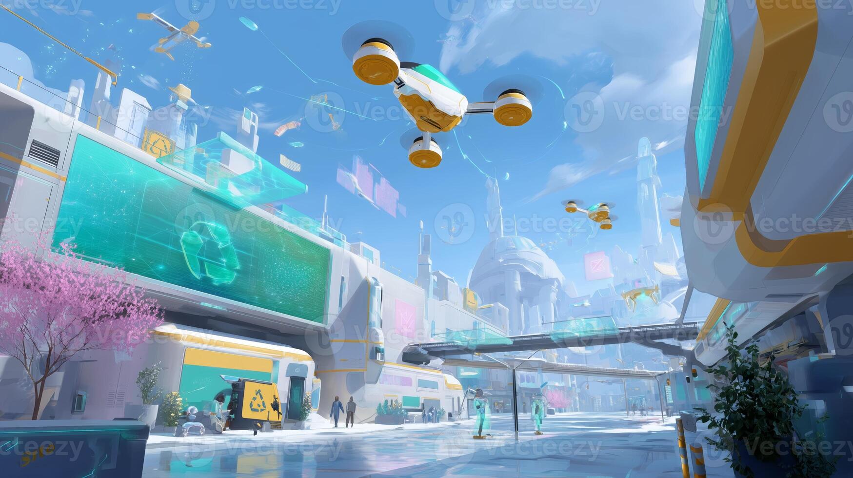 Futuristic cityscape featuring advanced technology and flying drones in a vibrant urban environment photo