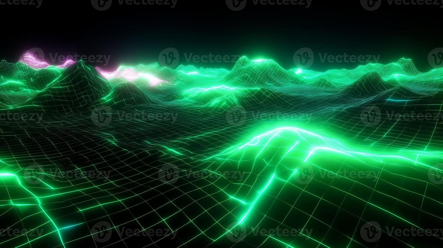 Neon green digital landscape with glowing peaks and valleys created by computer-generated graphics at night photo