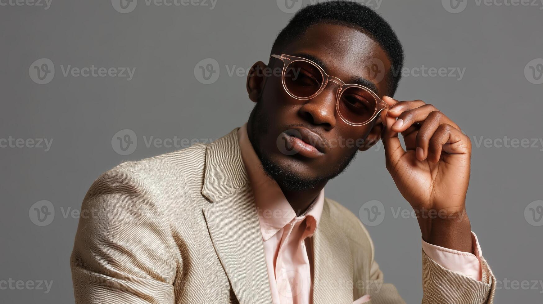 Stylish young man wearing sunglasses and a tailored suit poses confidently against a neutral backdrop photo