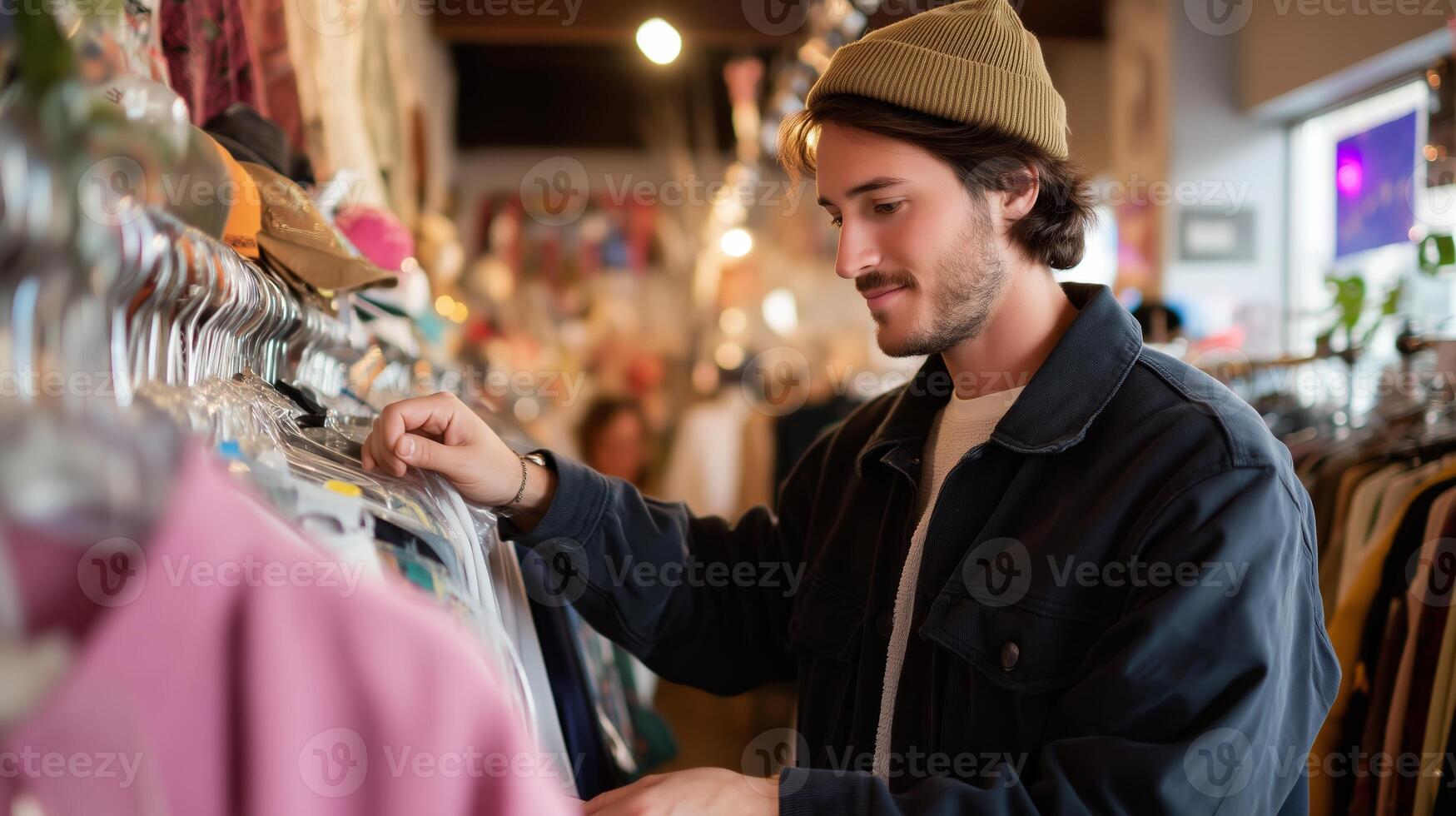Young man shopping for vintage clothes at a thrift store in a bustling urban location during the afternoon photo