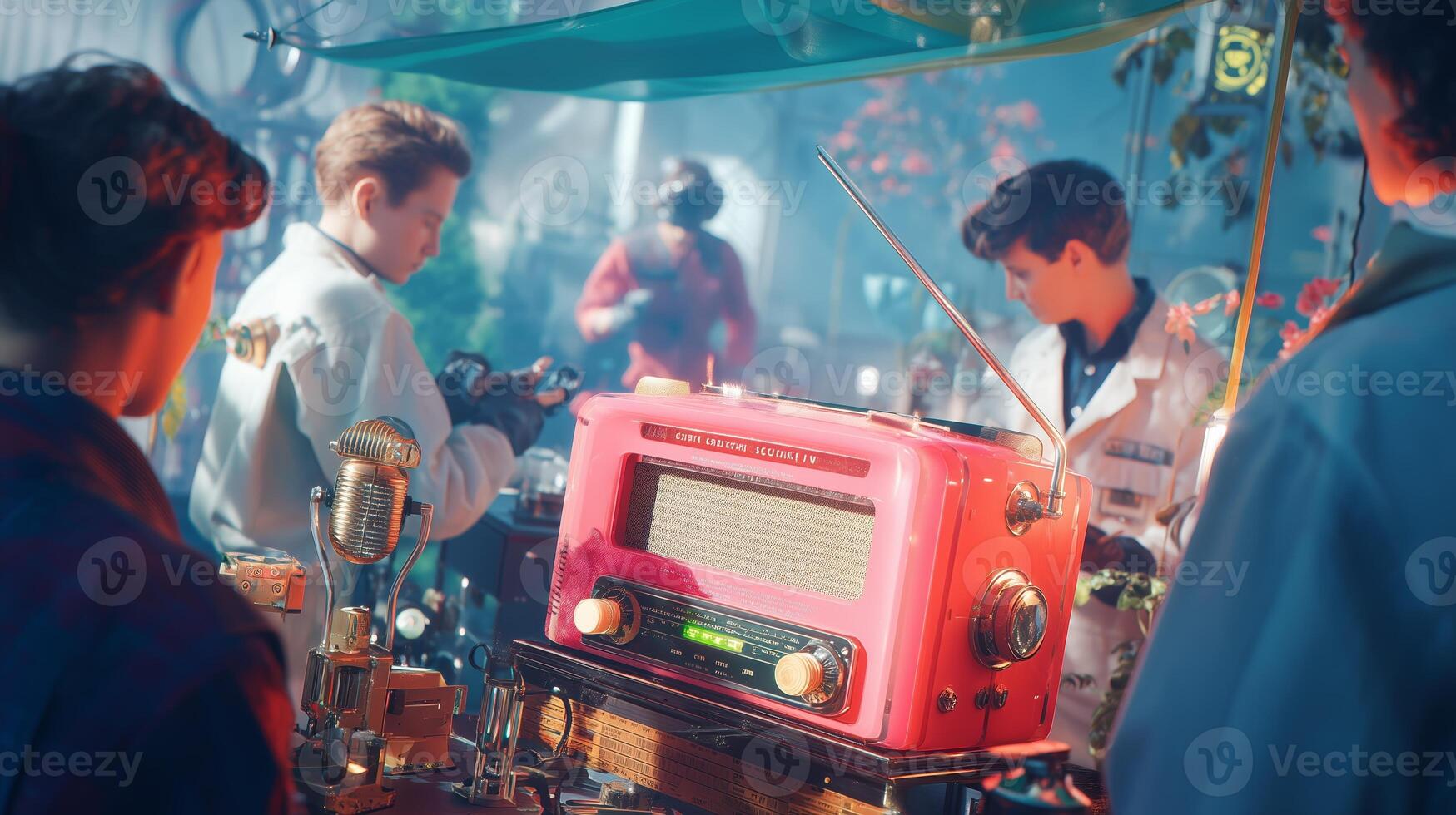 Vintage radio and young inventors engaging in creative experimentation at a retro workshop photo