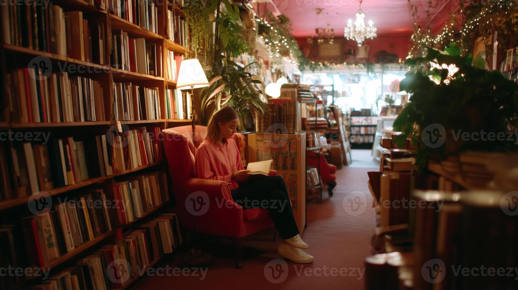 Cozy reading nook in a charming bookstore with warm lighting in the evening photo