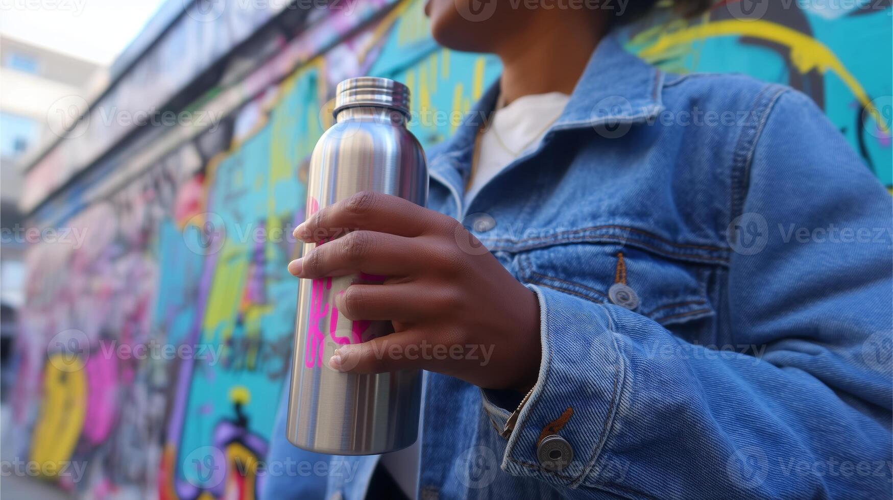 Young adult holding a stainless steel water bottle against a vibrant urban mural in a city setting on a sunny day photo