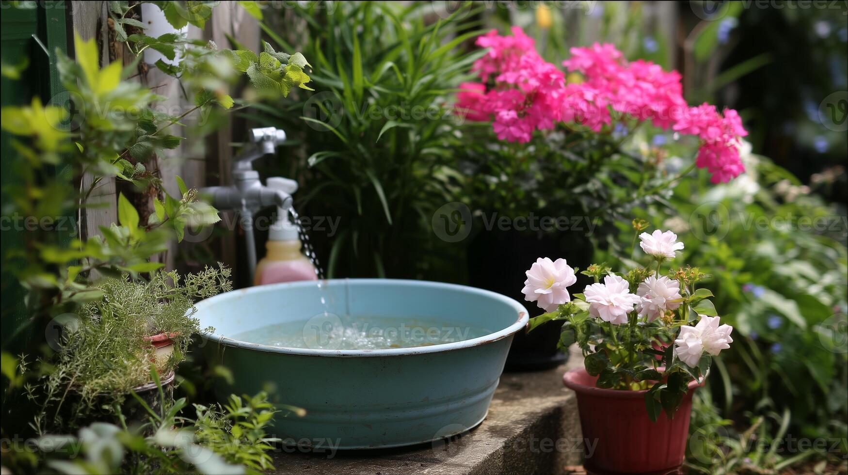 Relaxing garden oasis with colorful flowers and gentle water flow near a rustic basin photo
