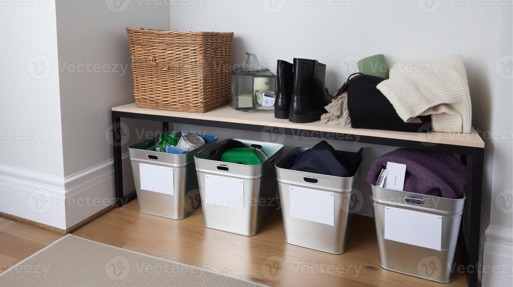 Organized storage solution in modern entryway with baskets and bins for efficient home management photo
