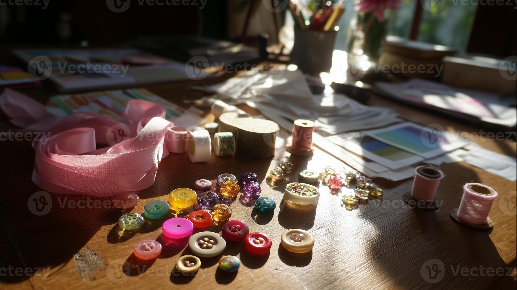 Crafting with colorful buttons and ribbons on a sunny table in a cozy workspace filled with creative supplies photo