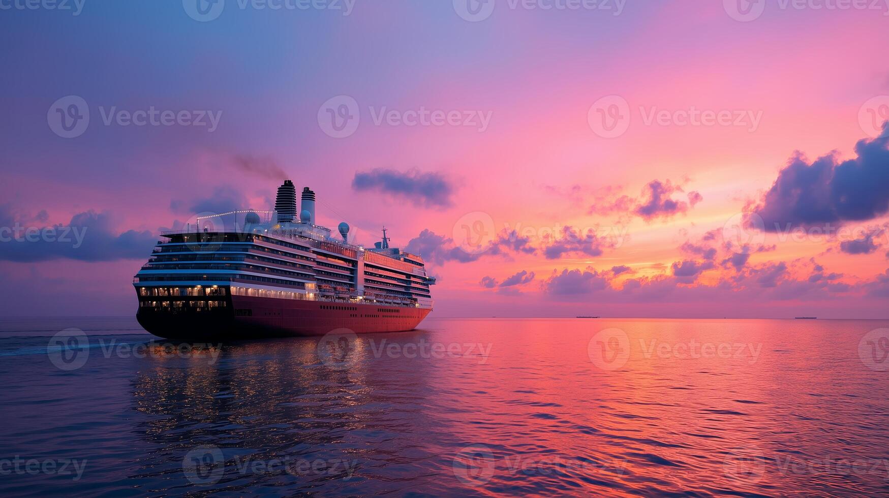 Sunset over ocean with cruise ship sailing in tranquil waters near horizon photo