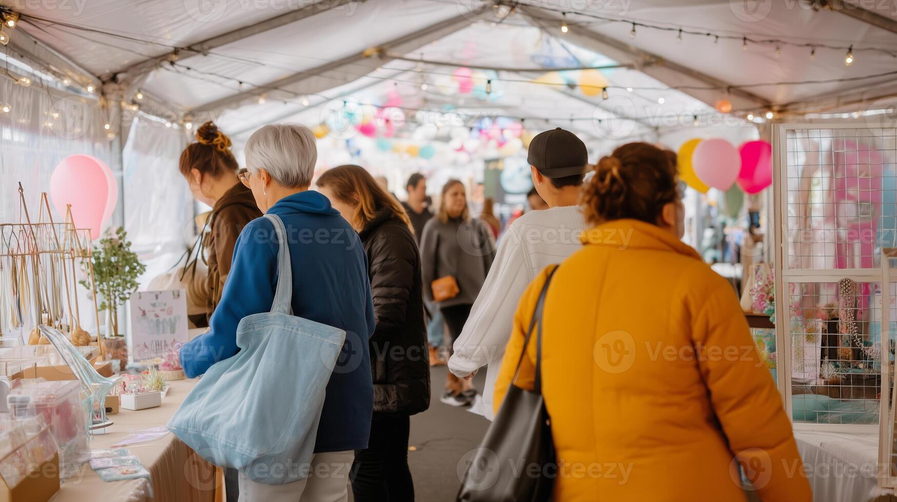 Vibrant market atmosphere filled with shoppers exploring unique local crafts at an indoor fair in the late afternoon photo