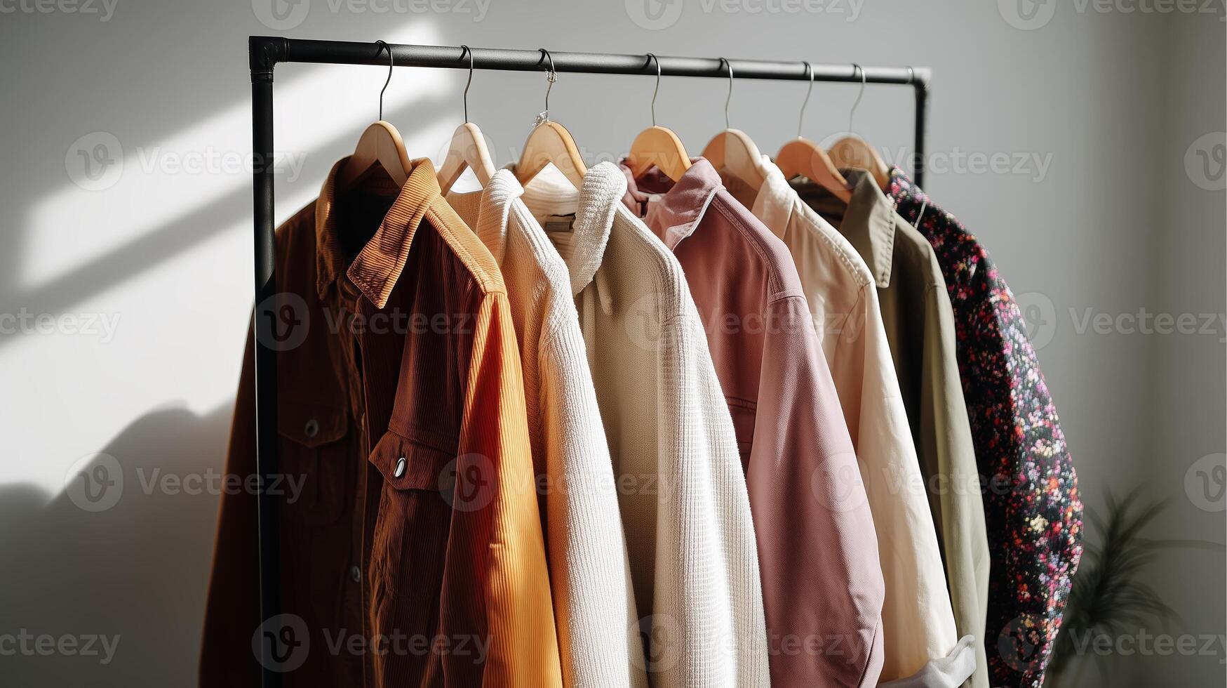 Fashion display of shirts on hangers with soft lighting in a modern indoor setting during daylight hours photo