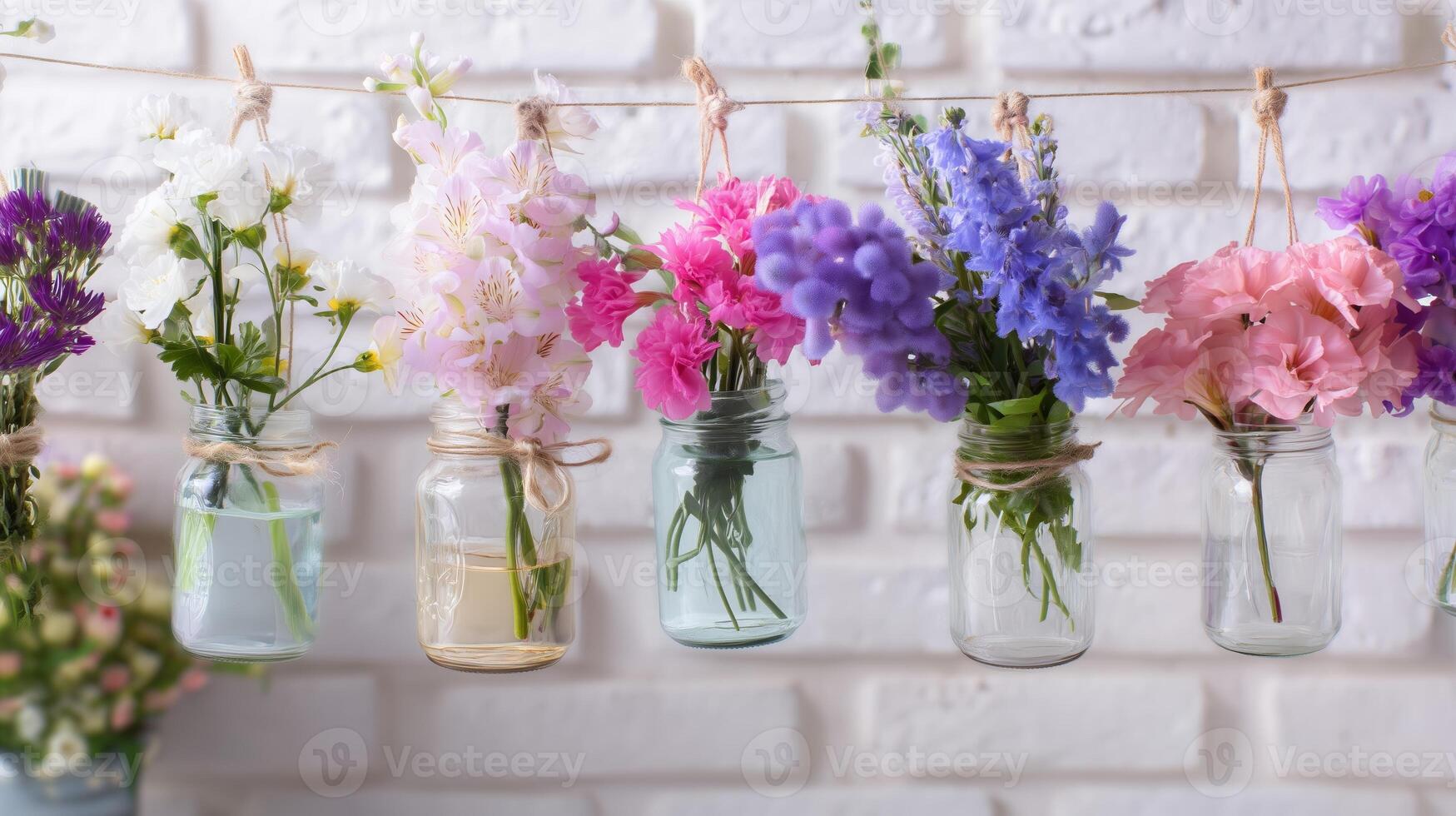 Colorful flowers displayed in hanging jars on a rope against a white brick wall backdrop photo
