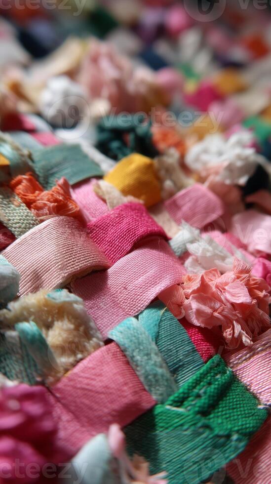 Colorful textile art showcases intricate weaving techniques with vibrant fabric strips on display in a local craft studio photo