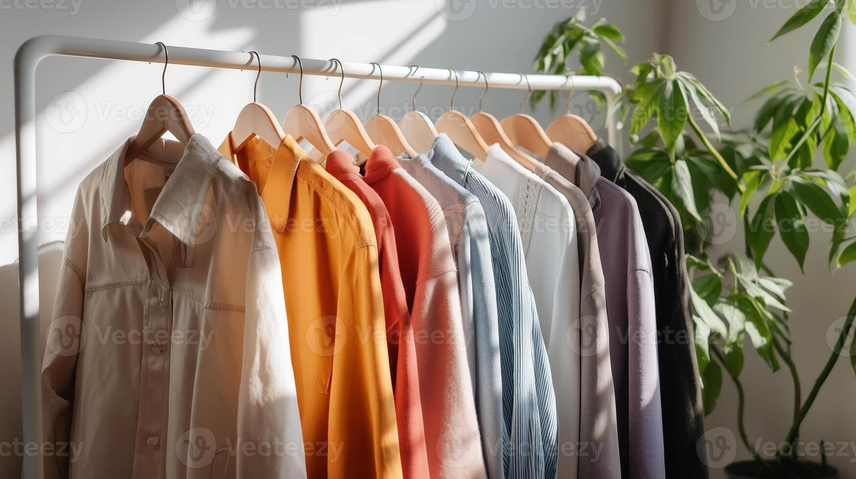 Colorful shirts hanging on a rack in a sunlit room with indoor plants showcasing vibrant fashion choices photo
