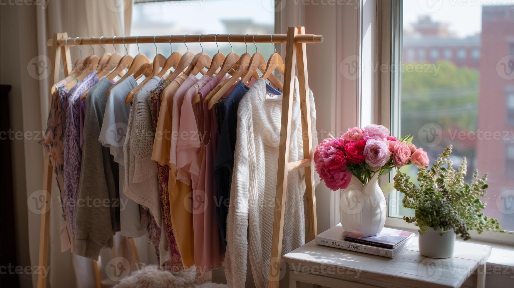 Colorful clothing displayed on a wooden rack beside flowers in a bright indoor setting during daytime photo