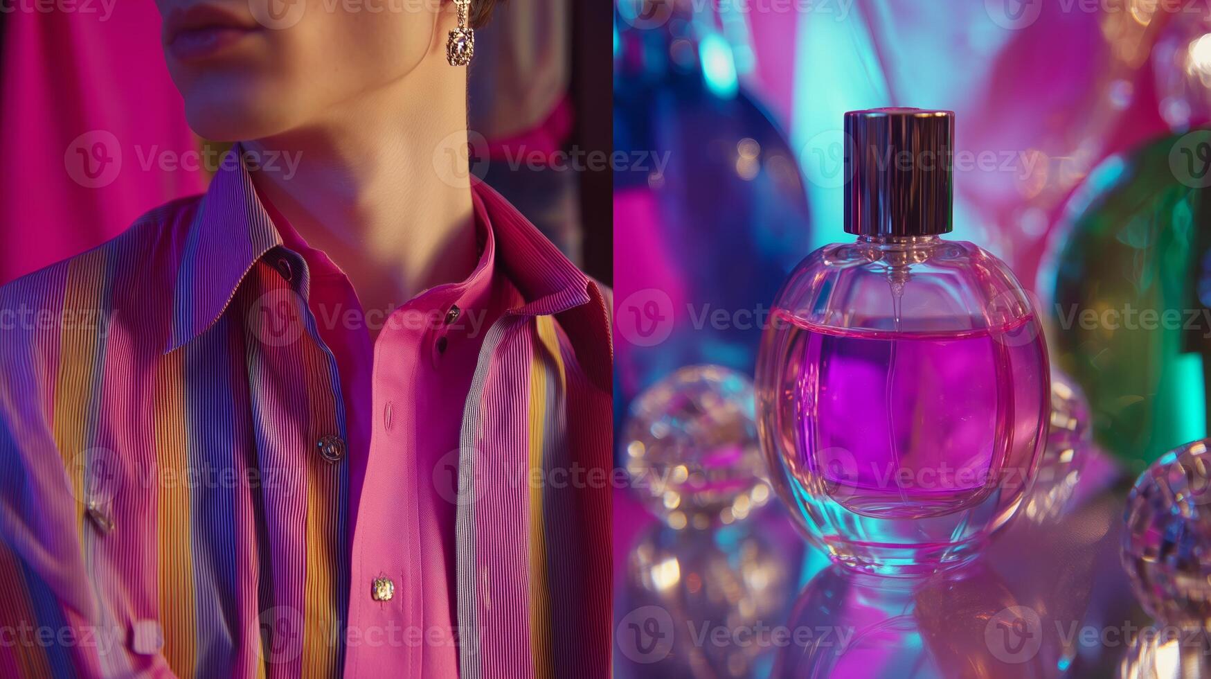 Vibrant fashion and perfume display featuring vivid colors and striking lighting in a creative setup photo