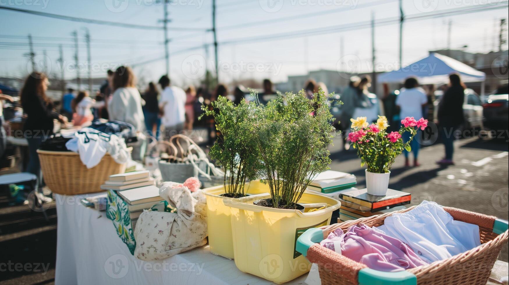 Community flea market bustling with activity featuring clothing, books, and plants in a vibrant outdoor setting photo