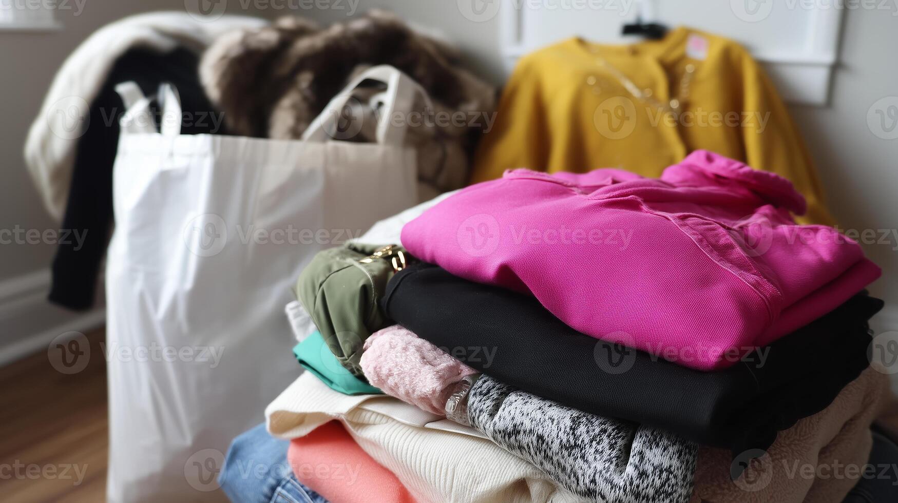 Fashion items neatly arranged on a table in a cozy room with bags in the background photo
