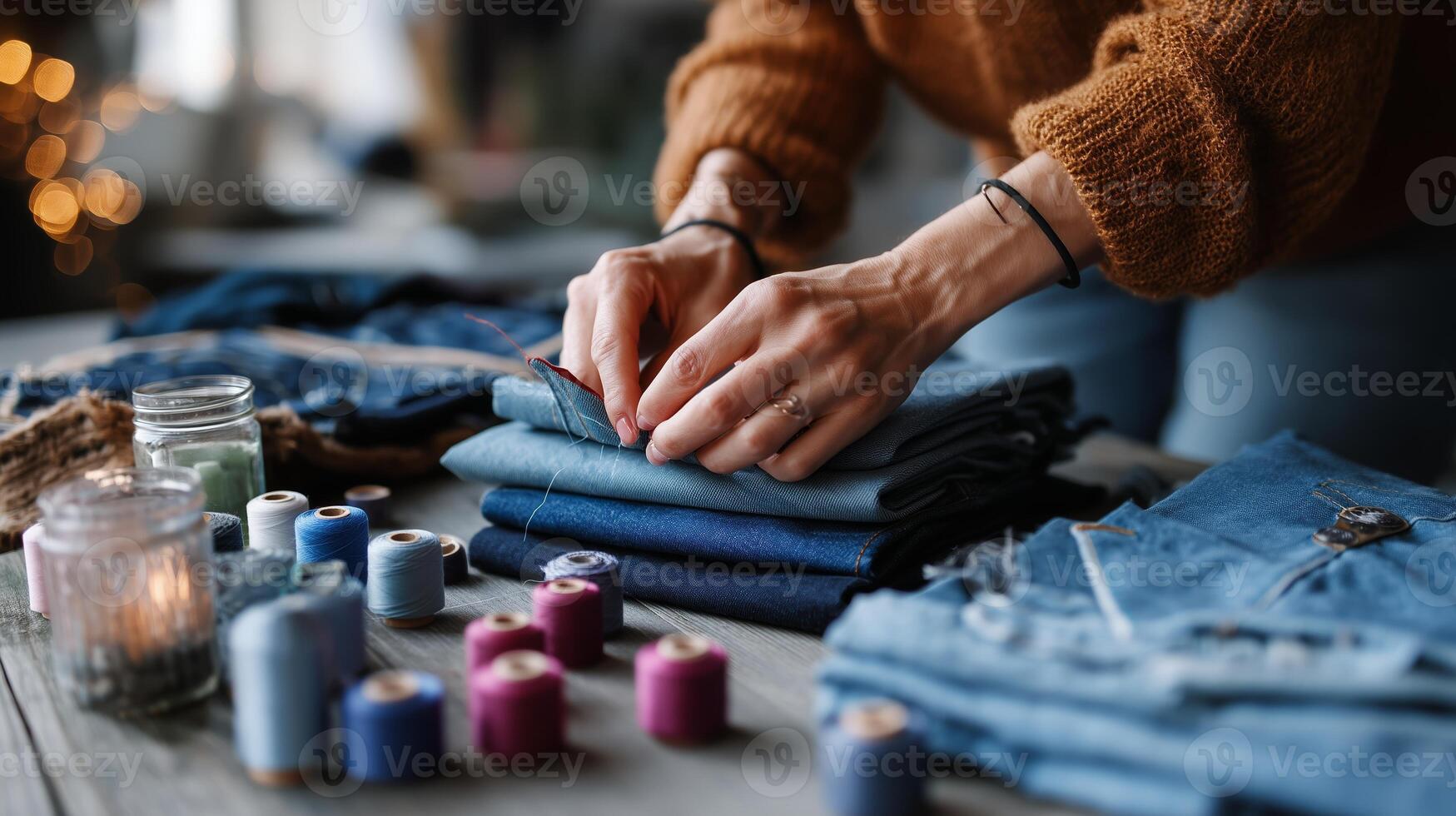 Hands stitching denim fabric in a cozy workshop setting during winter afternoon photo