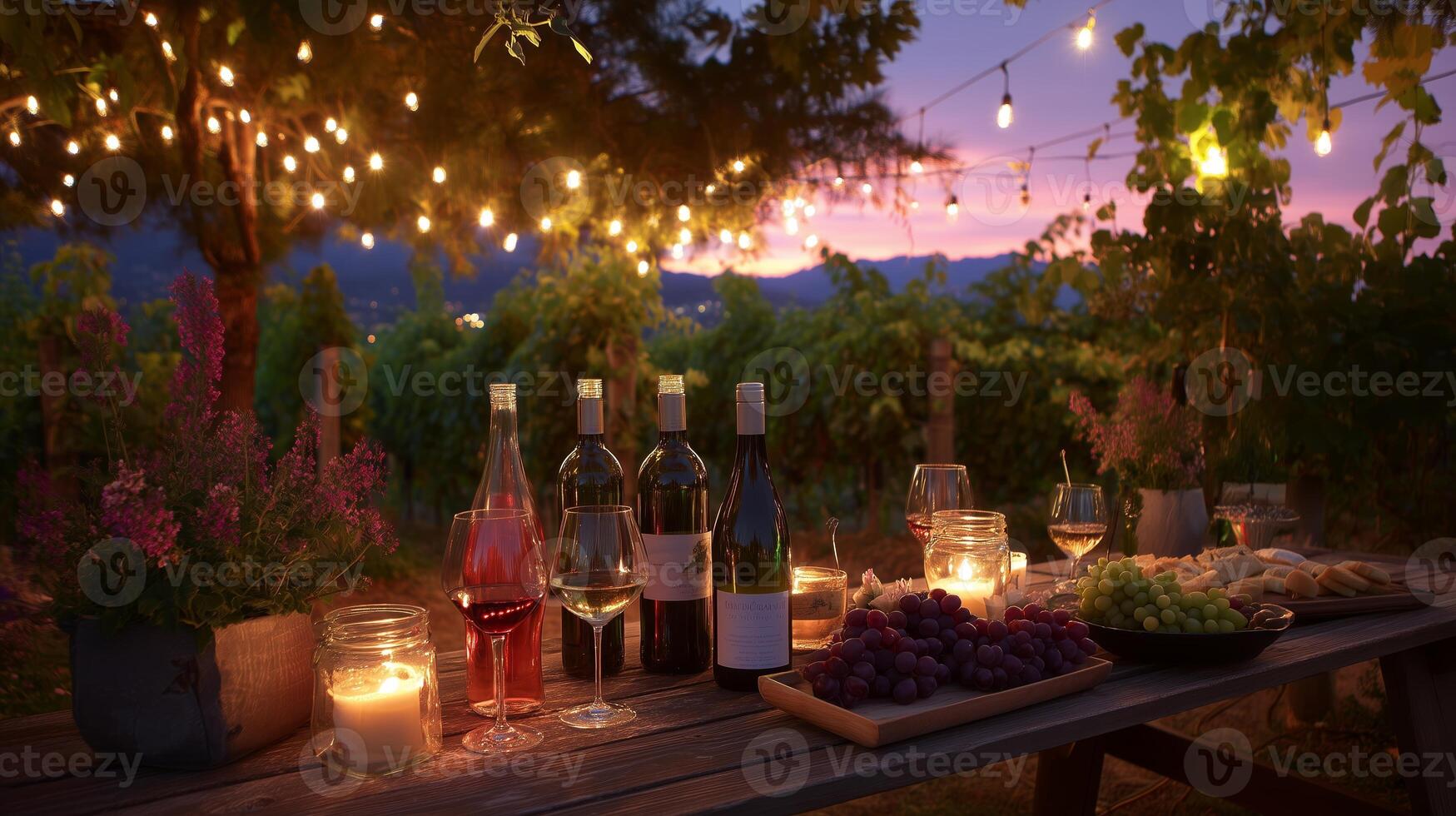 Evening gathering with wine and food in a vineyard under string lights during sunset photo