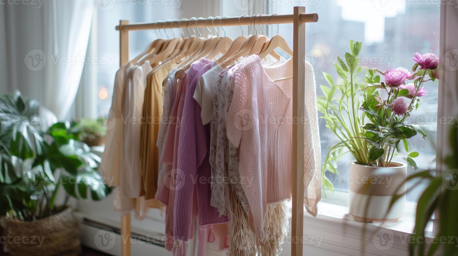 Colorful clothing display in a bright room with plants and city view during daytime photo