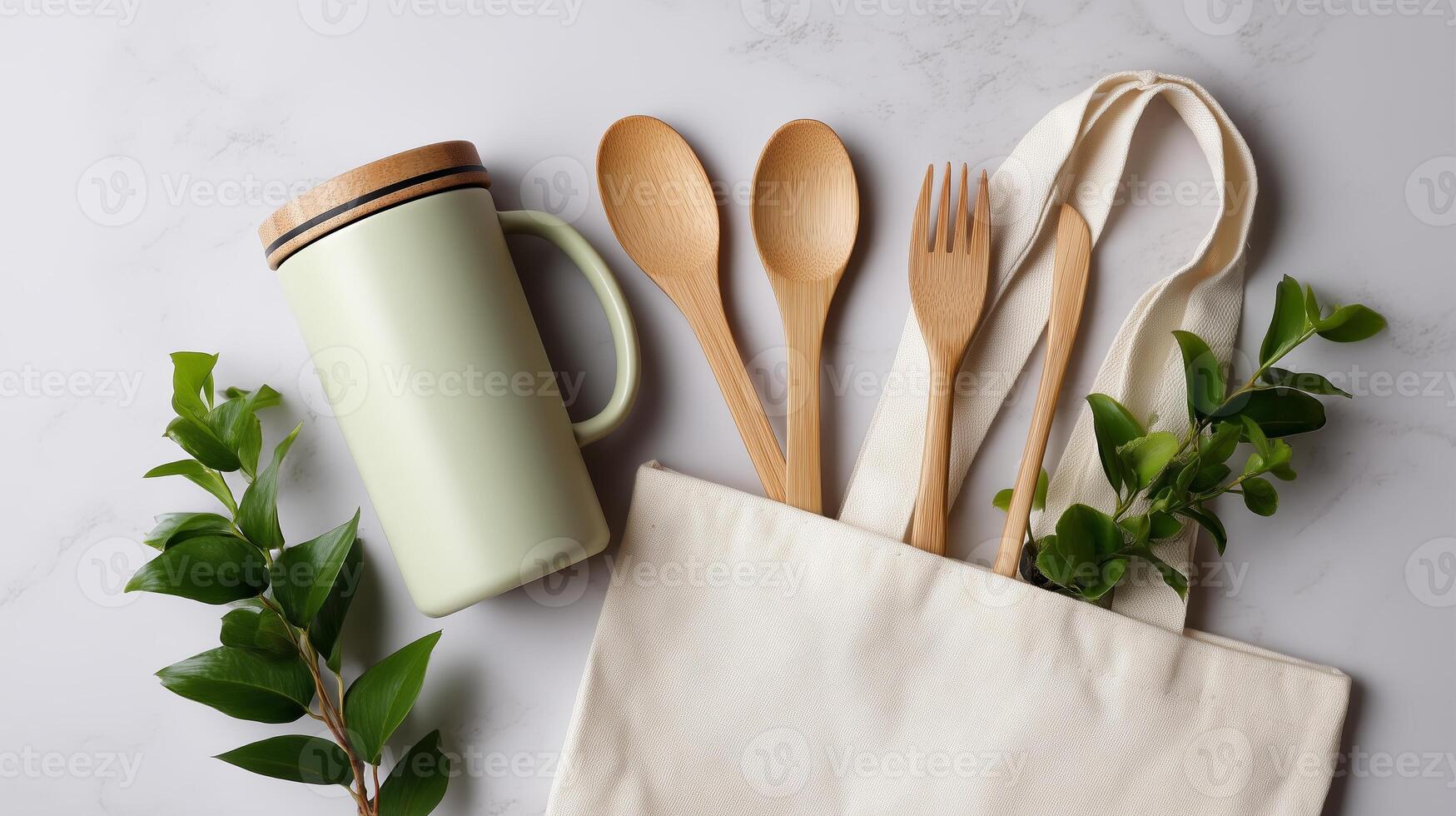 Eco-friendly dining accessories and a reusable cup on a light surface with fresh greenery photo