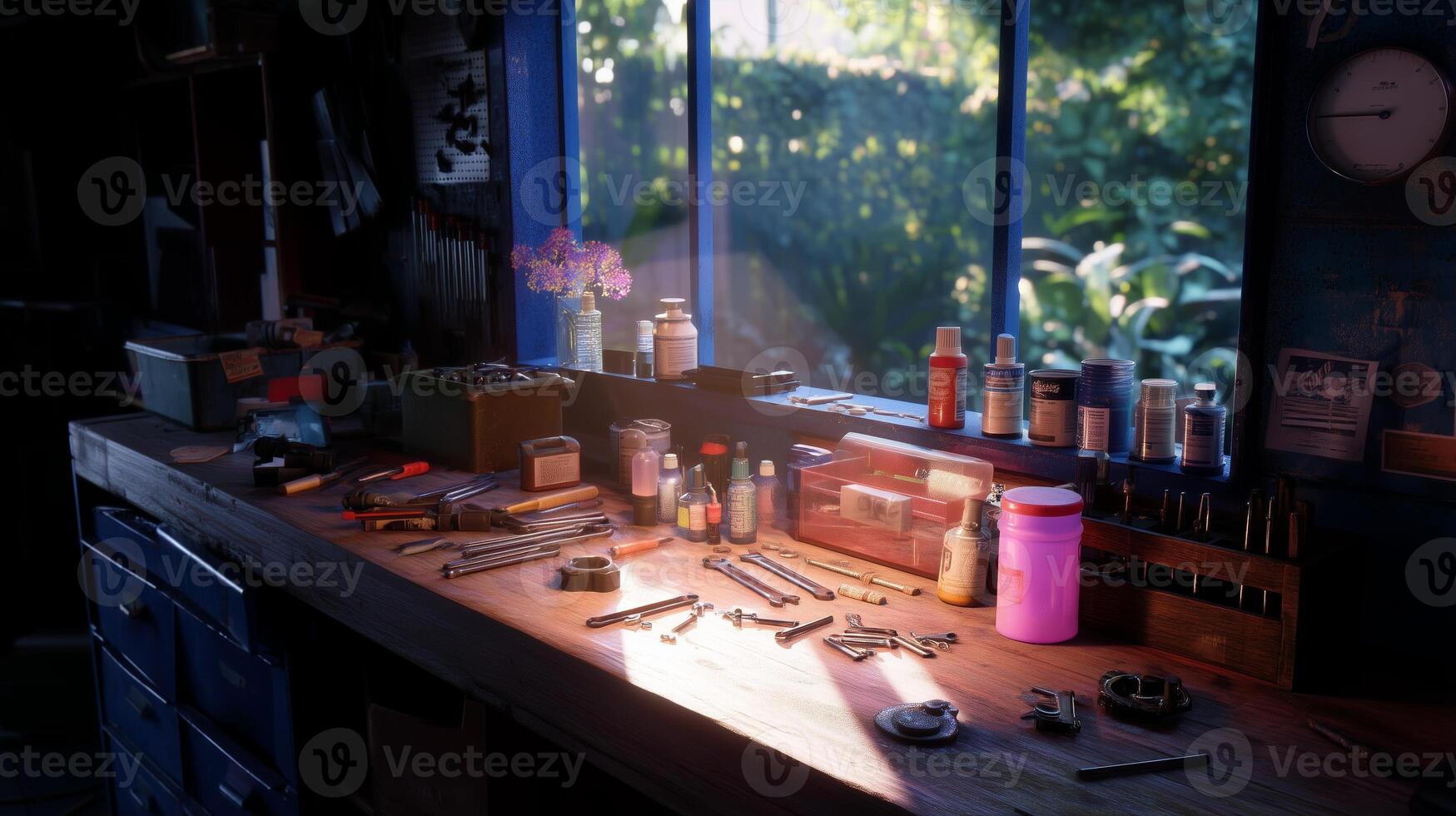 Workshop interior showcasing tools and materials illuminated by sunlight during late afternoon in a serene garden setting photo