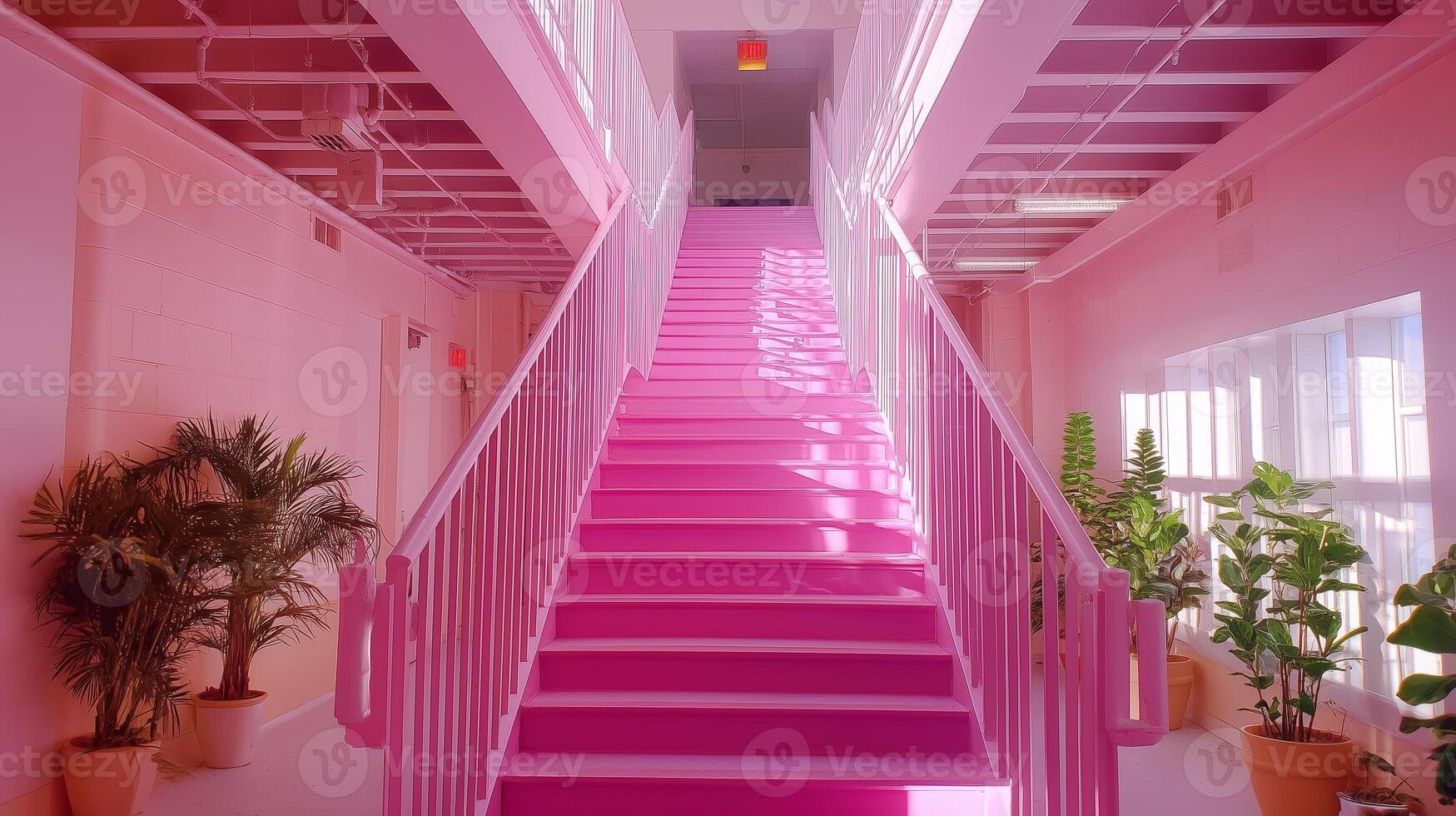 Bright pink staircase in modern interior with plants enhances vibrant atmosphere for creative space photo