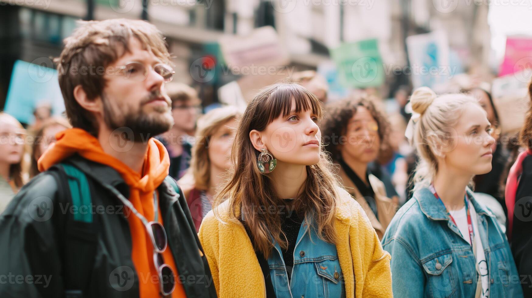 Crowd gathered in a city for a social justice rally showcasing diverse individuals participating in activism photo