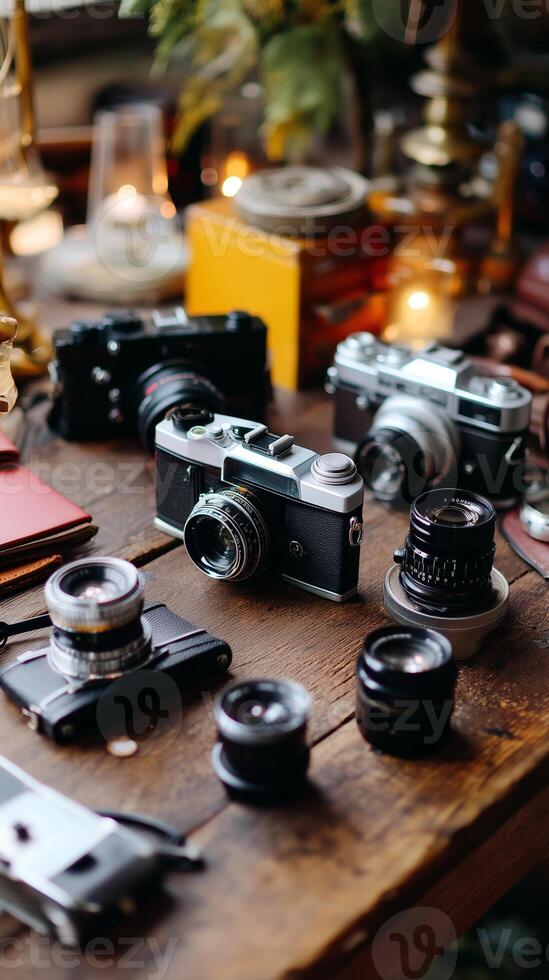 Collection of vintage cameras and lenses arranged on a rustic wooden table in a cozy workshop during a sunny afternoon photo