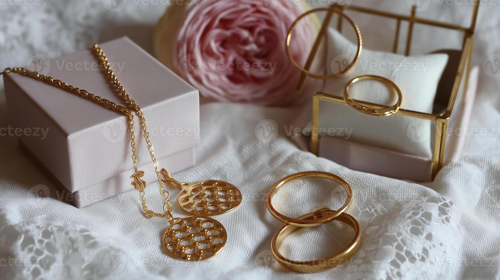 Elegantly displayed gold jewelry pieces with delicate designs on lace background capturing a moment of luxury and beauty photo