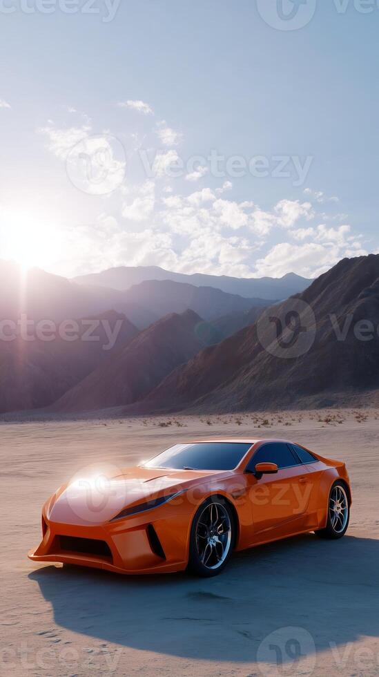 Bright orange sports car parked in an expansive desert landscape under a clear sky during sunset photo