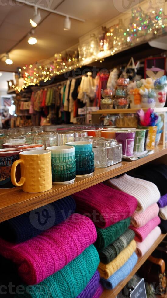 Colorful display of cozy textiles and decorative items in shop during afternoon photo