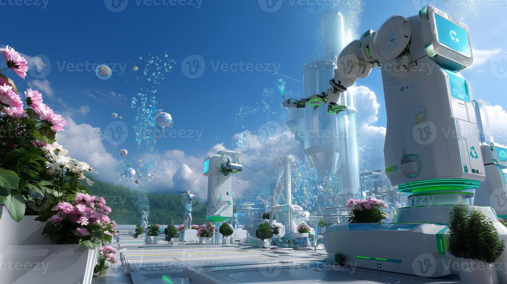 Futuristic robotic garden tending in a vibrant cityscape with blooming flowers and advanced technology photo