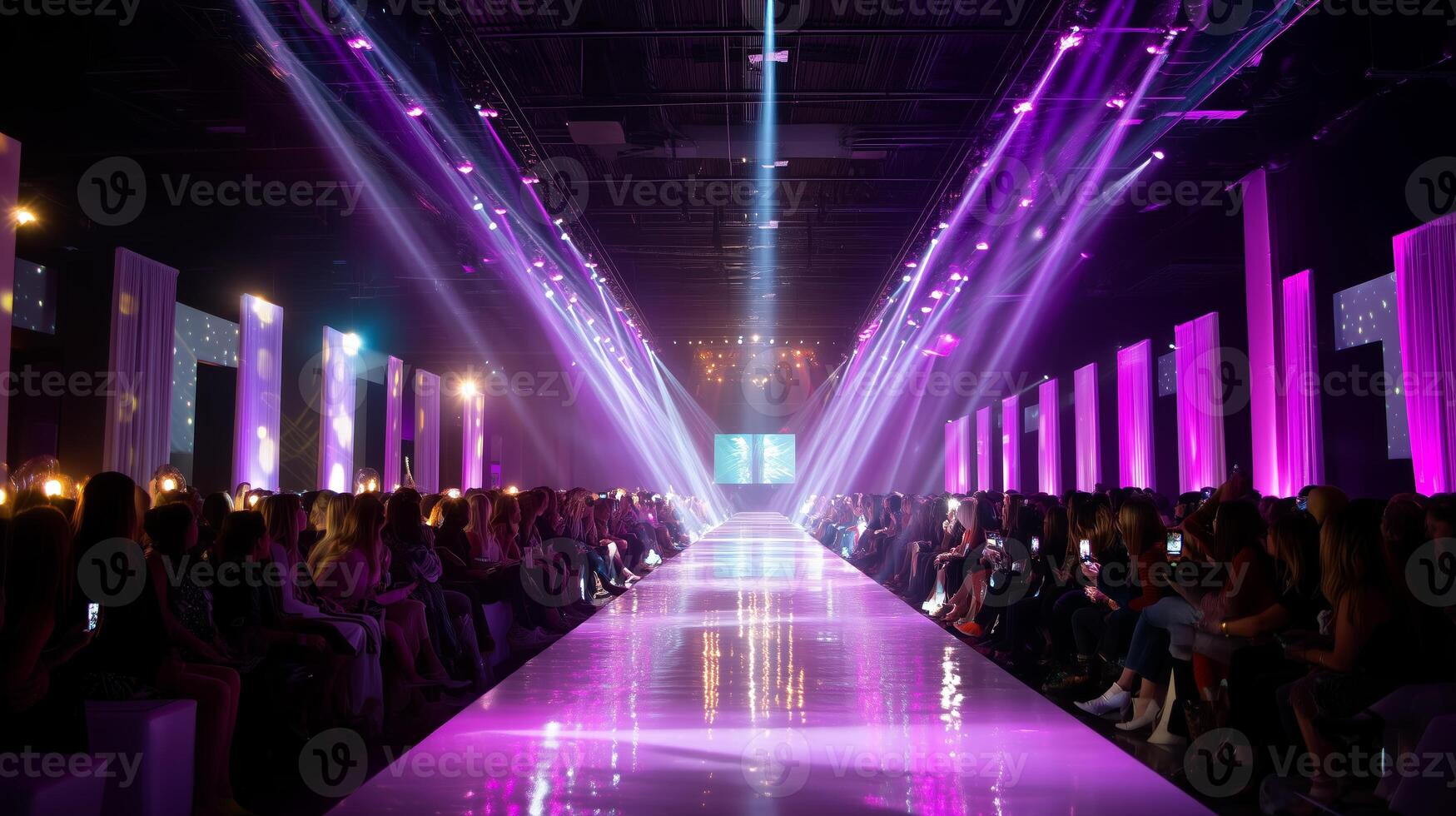 Fashion runway event showcasing vibrant lights and an engaged audience at a glamorous venue photo
