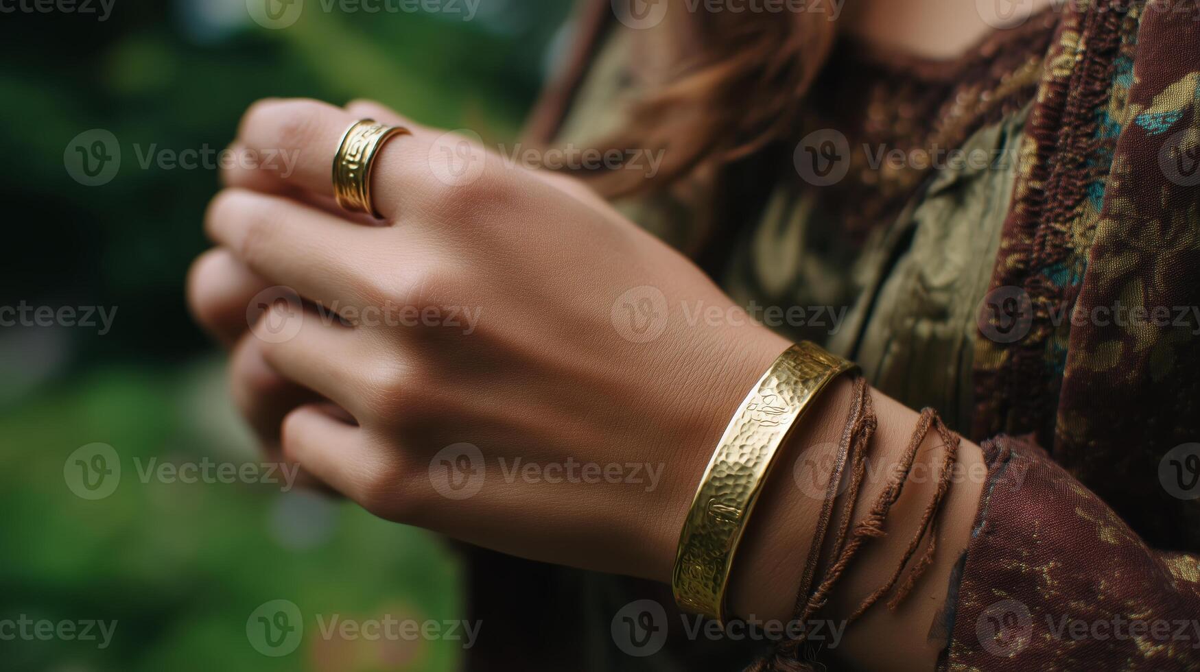Elegant gold jewelry worn by a woman outdoors showcasing intricate designs and natural beauty during daylight photo