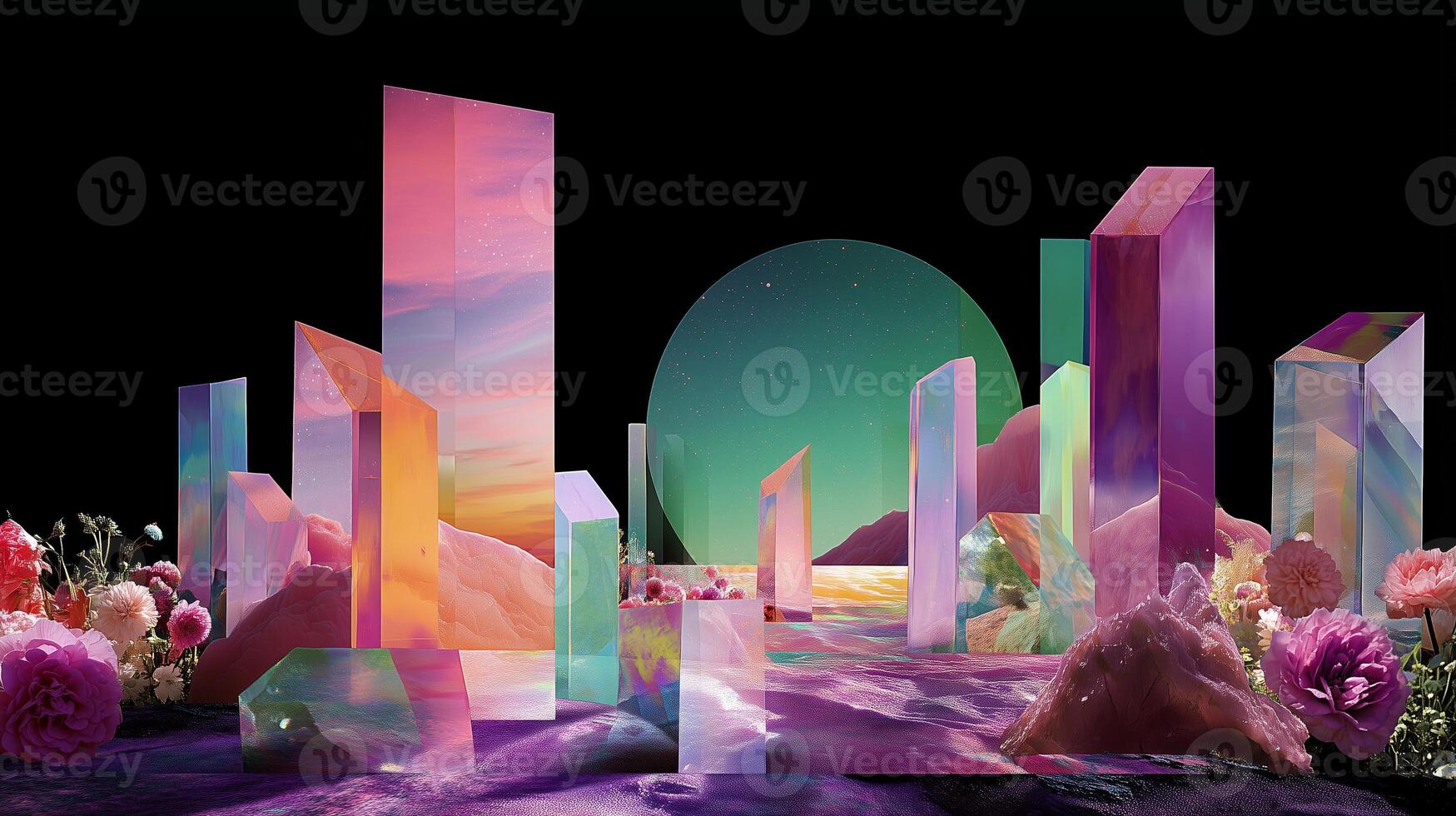 Vibrant geometric landscape with colorful reflections and surreal floral elements in a dreamlike setting photo