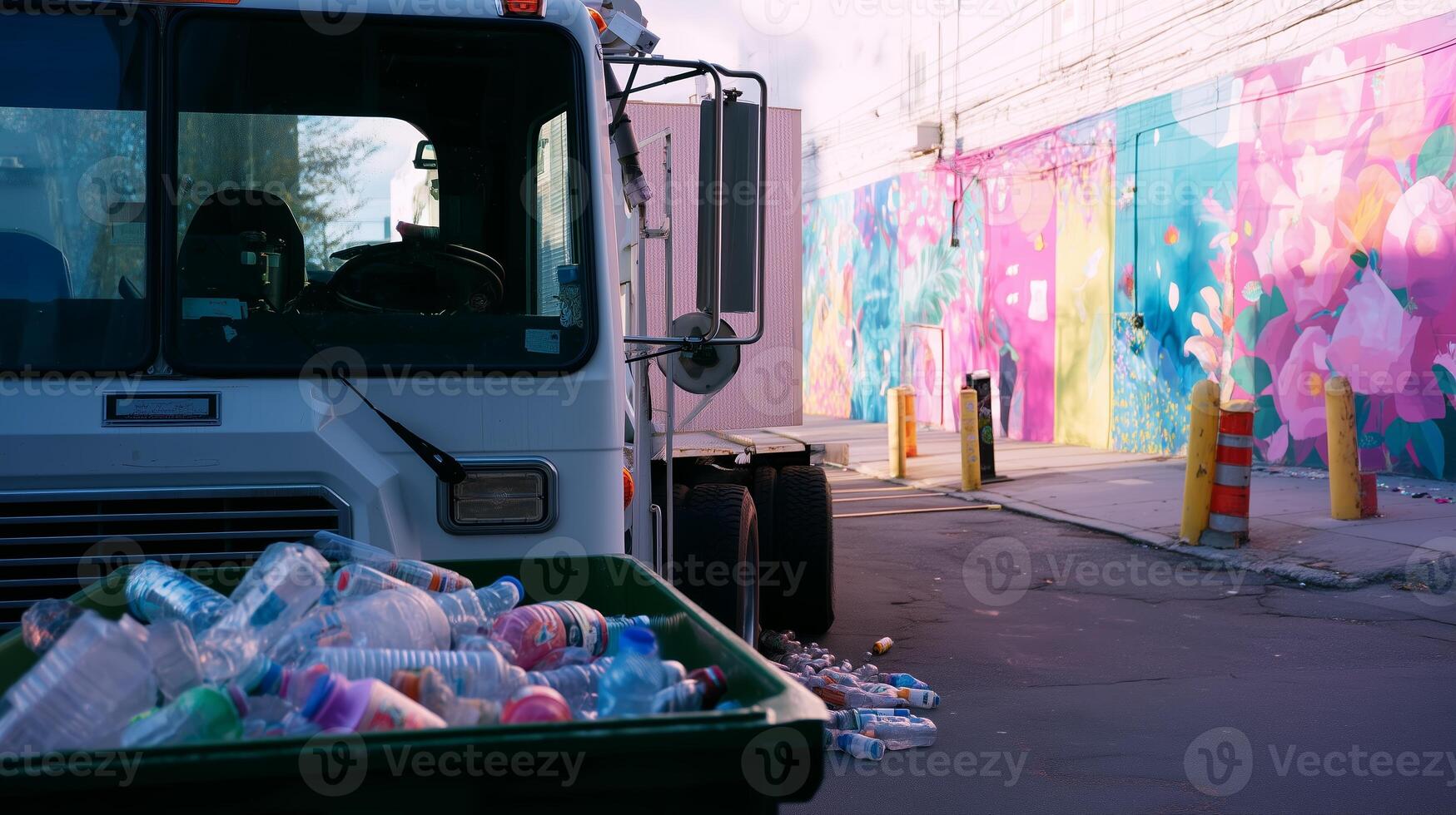 Colorful mural backdrop highlights a recycling truck collecting discarded plastic bottles in an urban setting photo