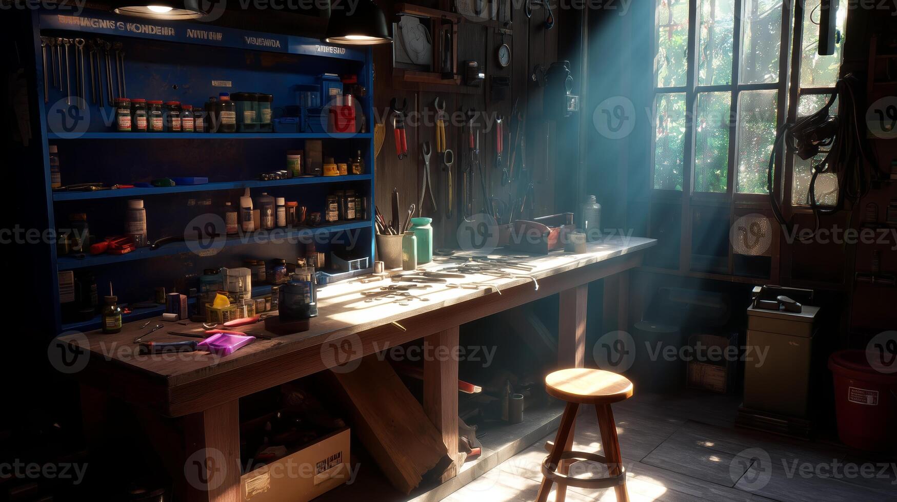Workshop filled with tools and sunlight illuminating a workbench in a cozy space photo