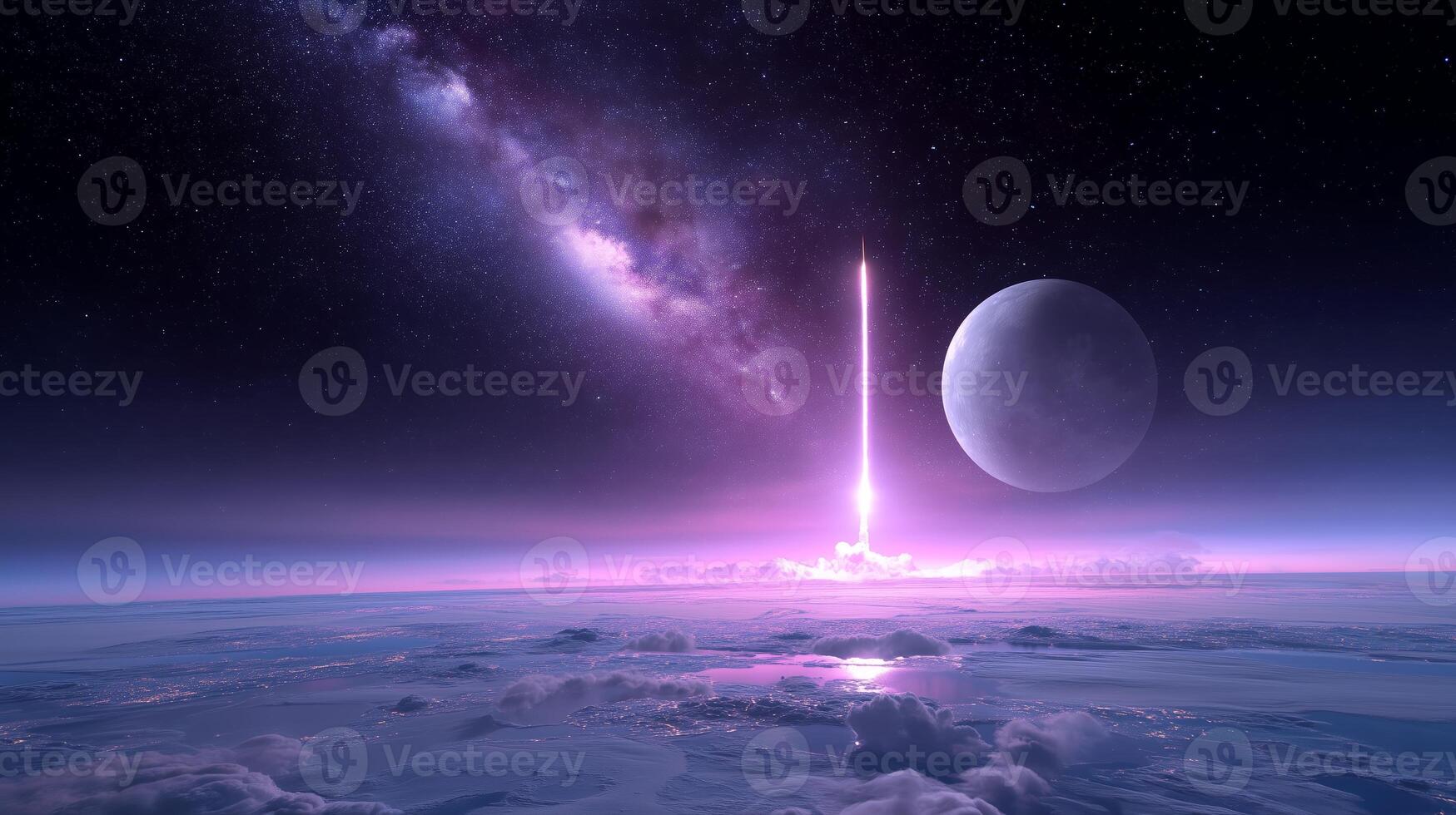 Vibrant cosmic scene with a luminous beam rising from a planet under the backdrop of a colorful galaxy photo