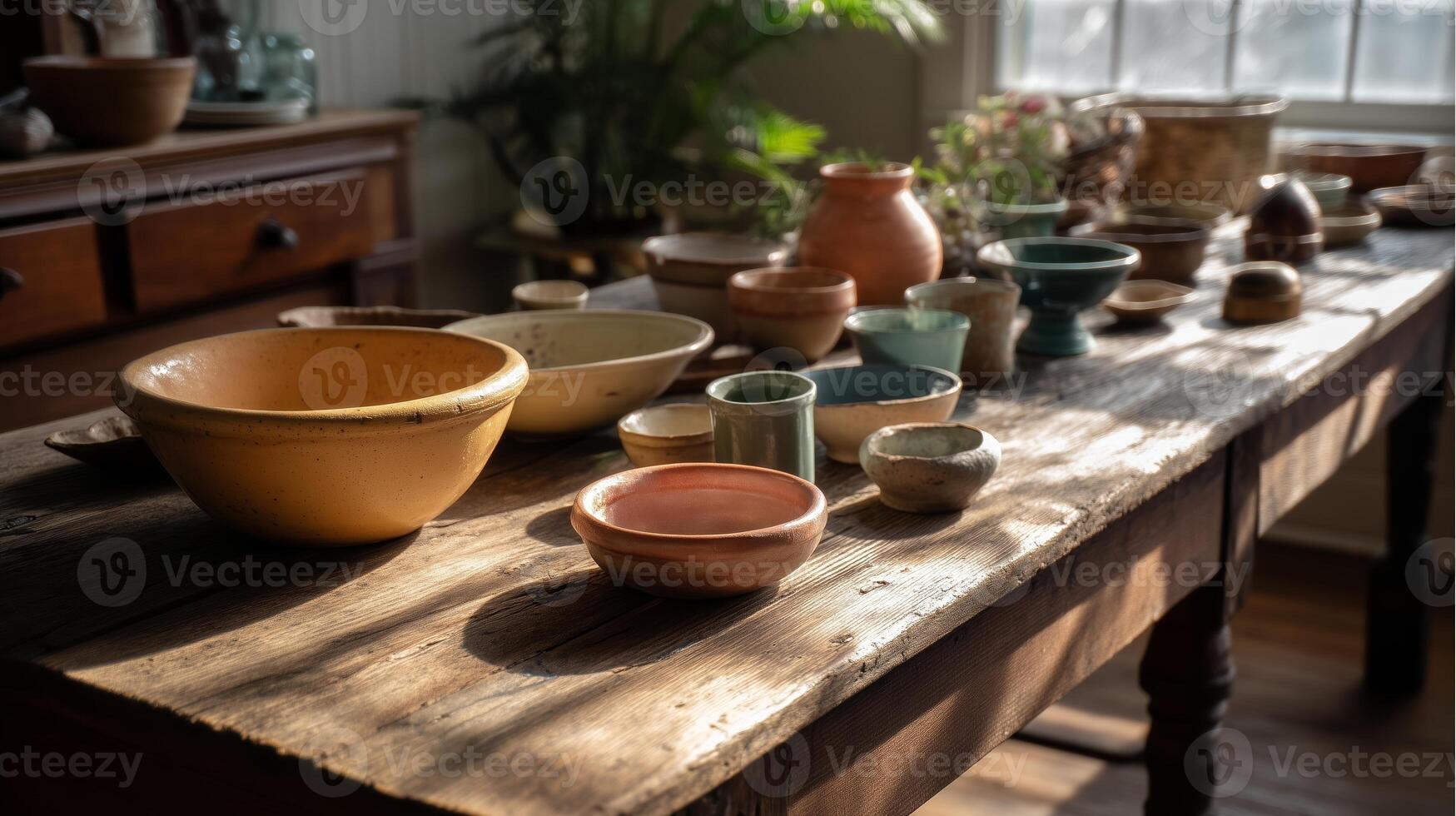 Handmade pottery displayed on a rustic wooden table in a sunlit artisan studio setting photo