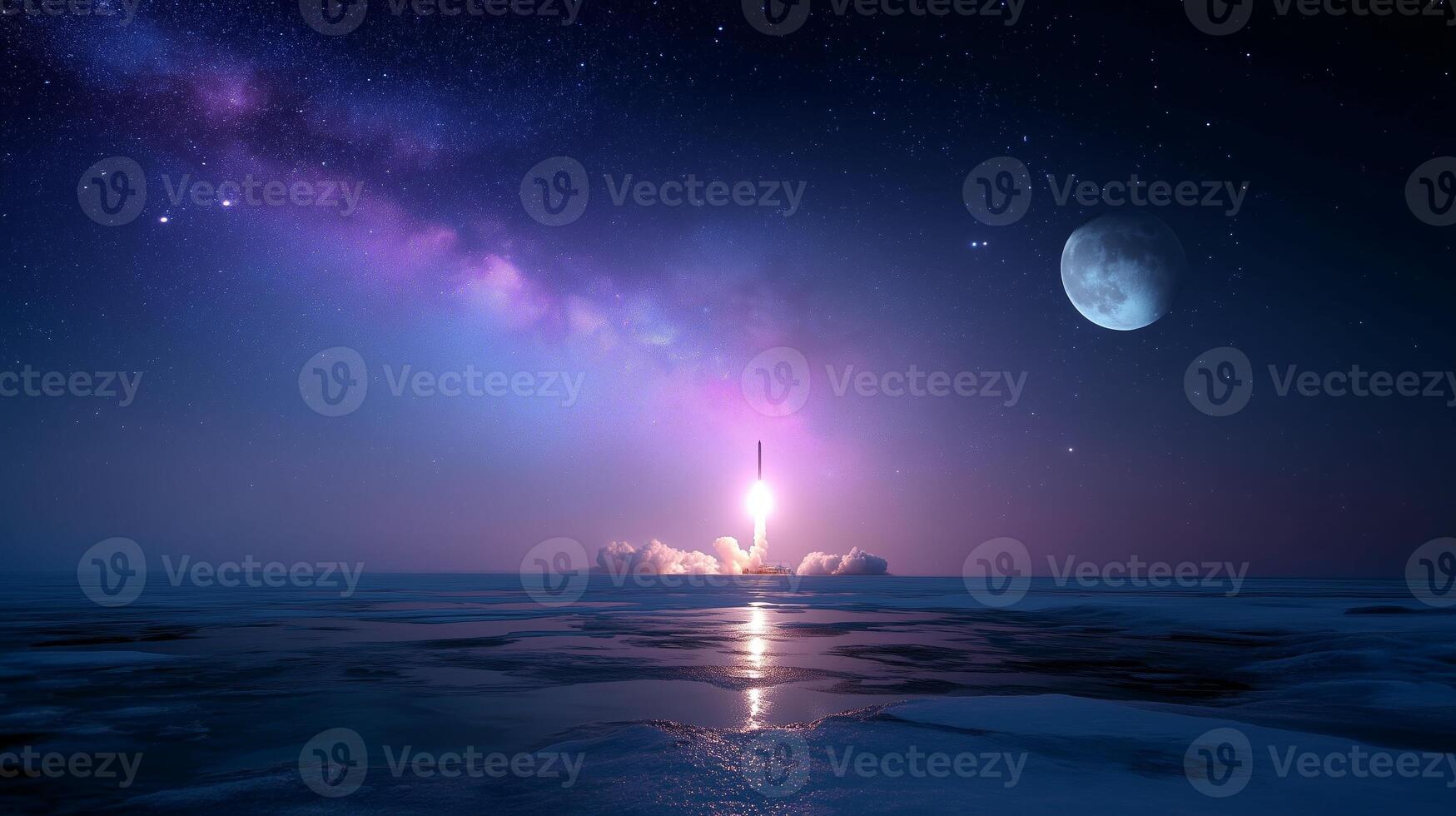 Rocket launch at dusk over a serene ocean with a vibrant Milky Way in the sky photo