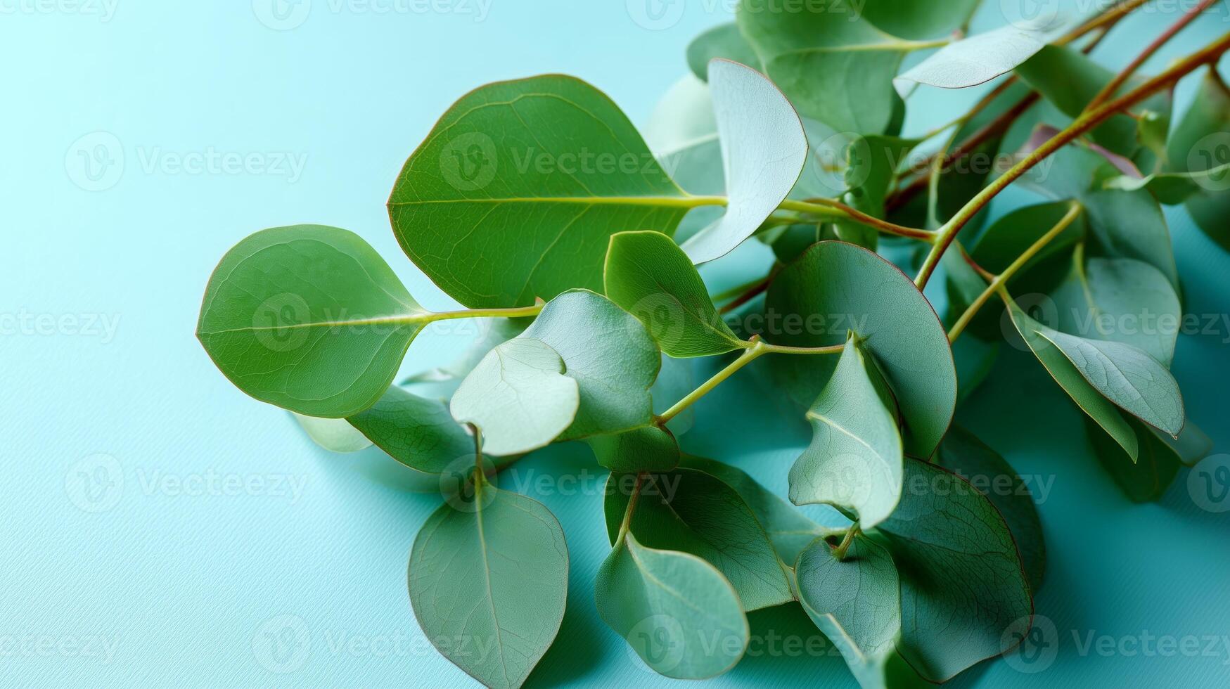 Fresh eucalyptus leaves arranged on a light blue background, showcasing natural beauty and vibrant greenery for decorative use photo