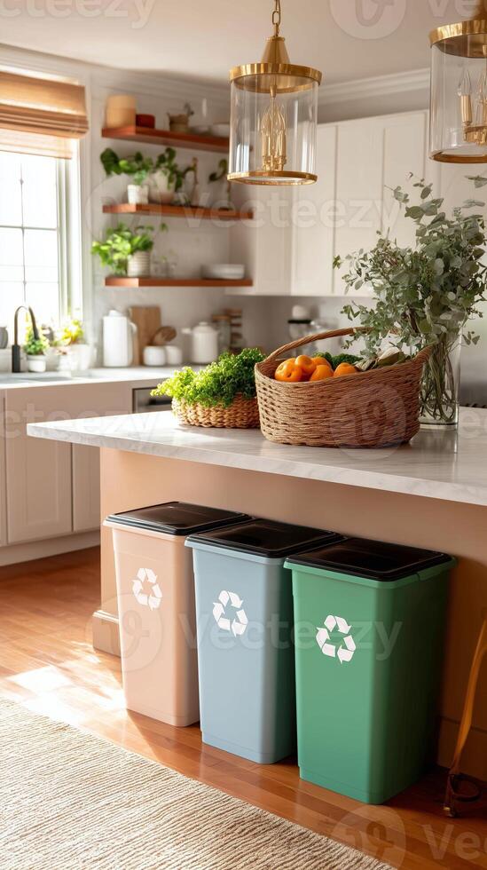 Sustainable kitchen with recycling bins and fresh produce in a bright, modern home setting photo