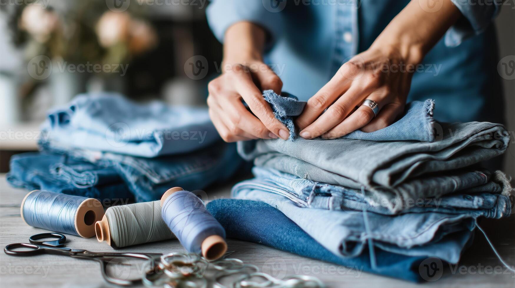 Folding and organizing various shades of denim fabric in a cozy work environment during the afternoon photo