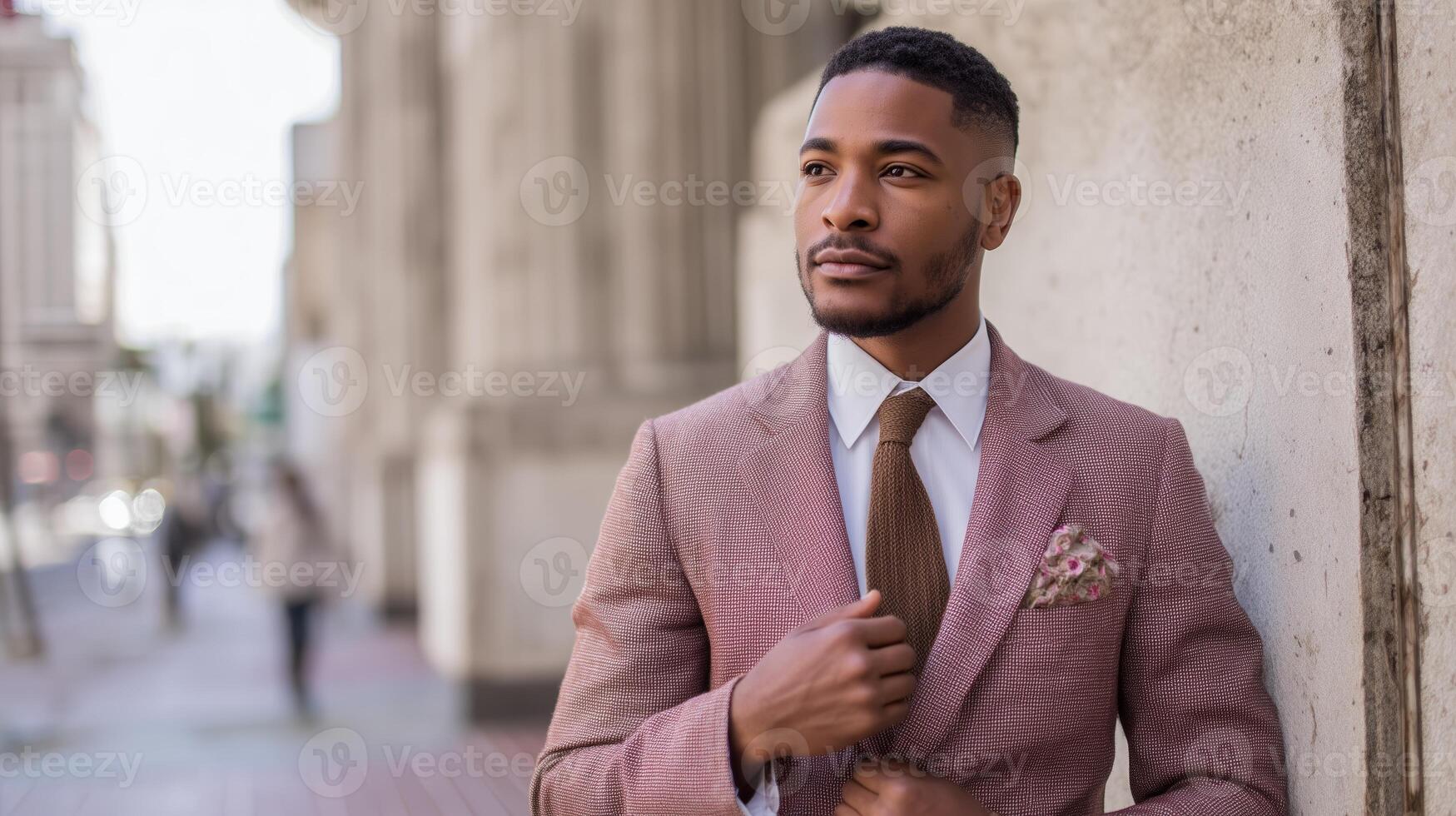 Stylish man adjusts his suit outside a city building during a sunny afternoon in an urban setting photo