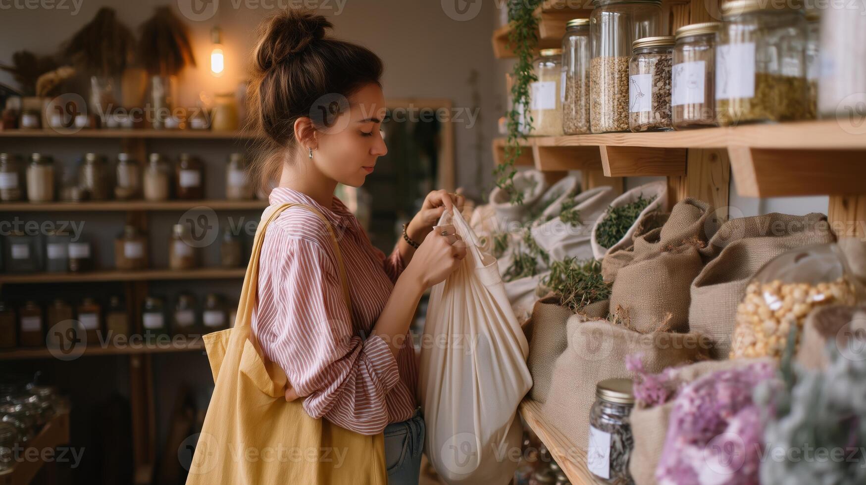Woman shopping for herbs in a quaint natural products store during the afternoon photo