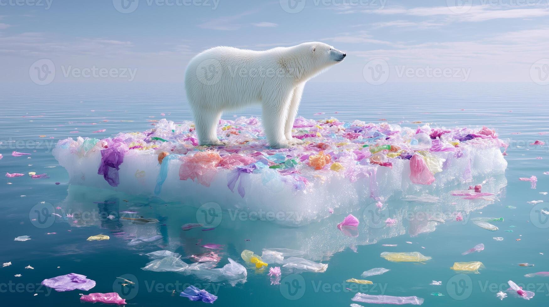 Polar bear stands on ice floe surrounded by colorful plastic debris in a serene Arctic ocean at dusk photo