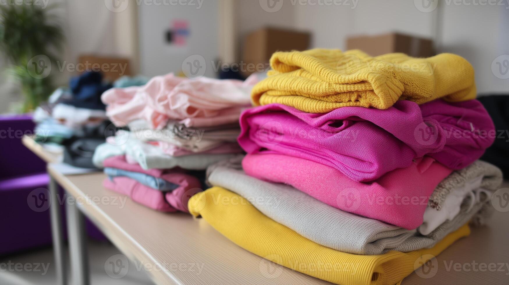 Clothes neatly folded on a table inside a room with a cozy atmosphere during daylight hours photo