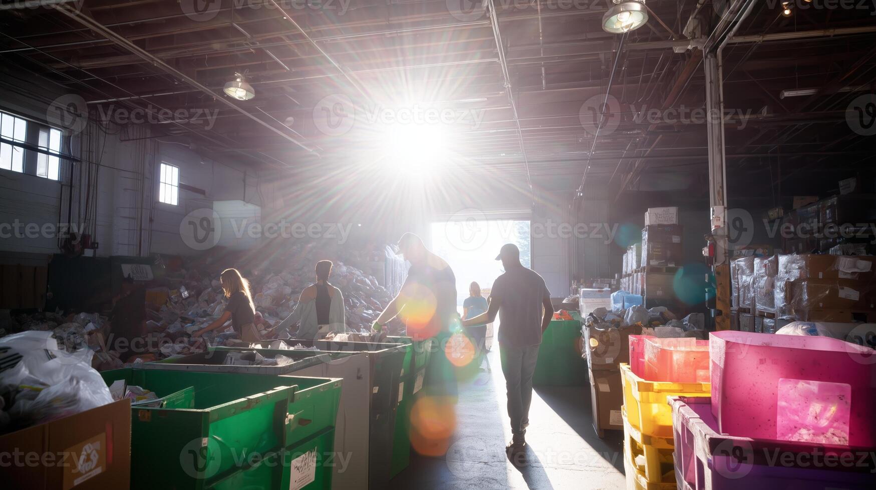 Workers sorting through materials in a bright recycling facility as sunlight streams in and illuminates the area photo