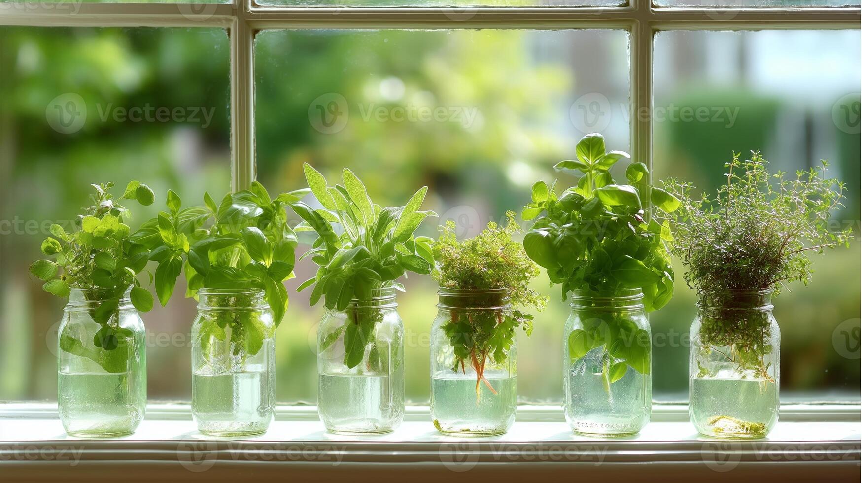 Fresh herbs growing in jars by a sunny window during a bright afternoon photo